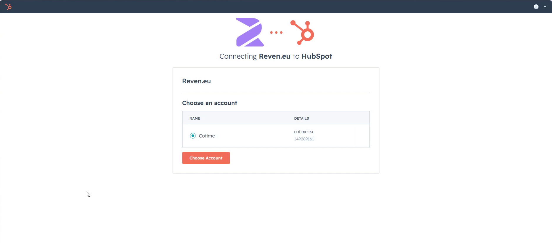 HubSpot account picker showing one account selected