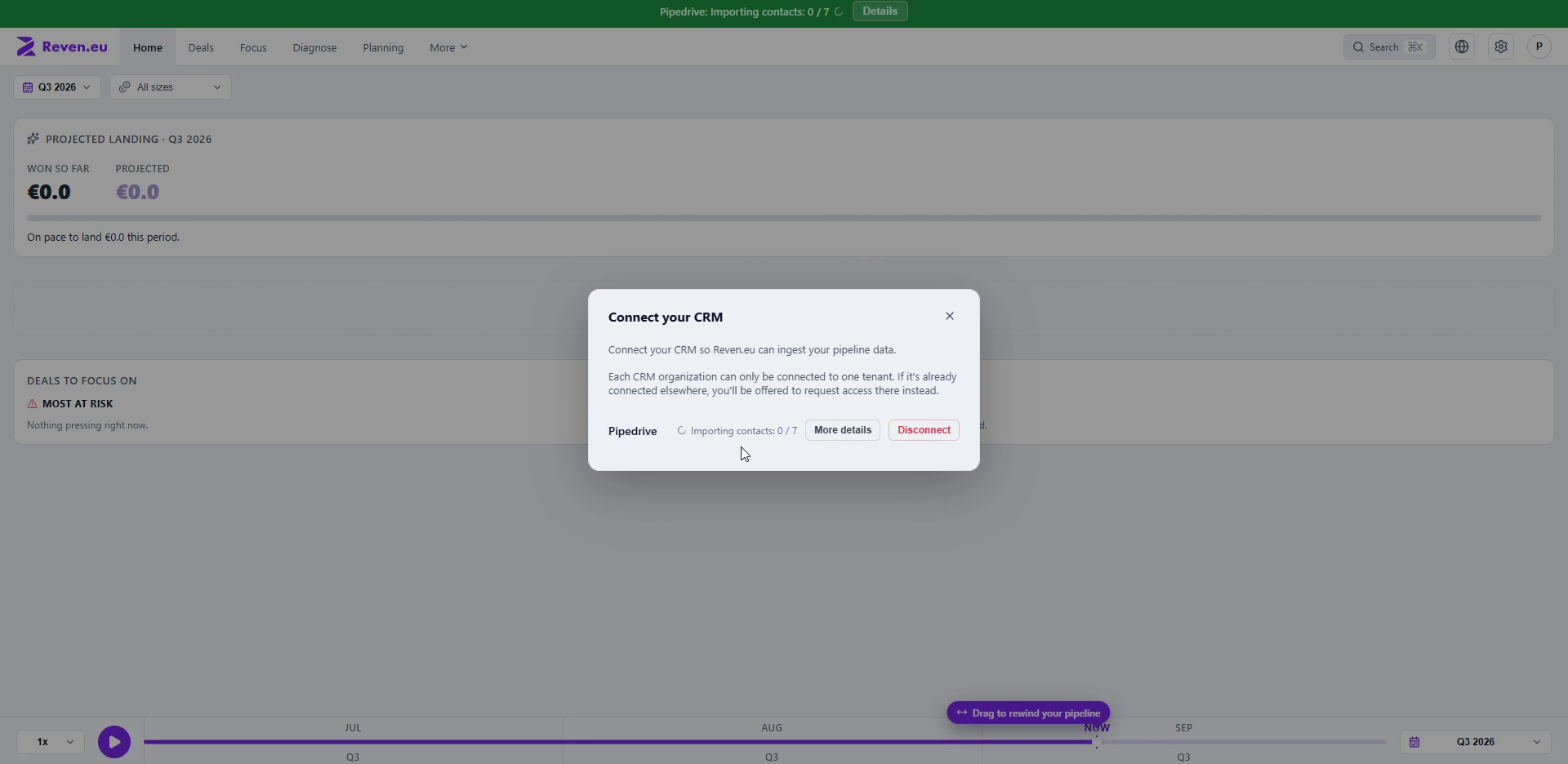 Connect your CRM modal showing Pipedrive contacts importing